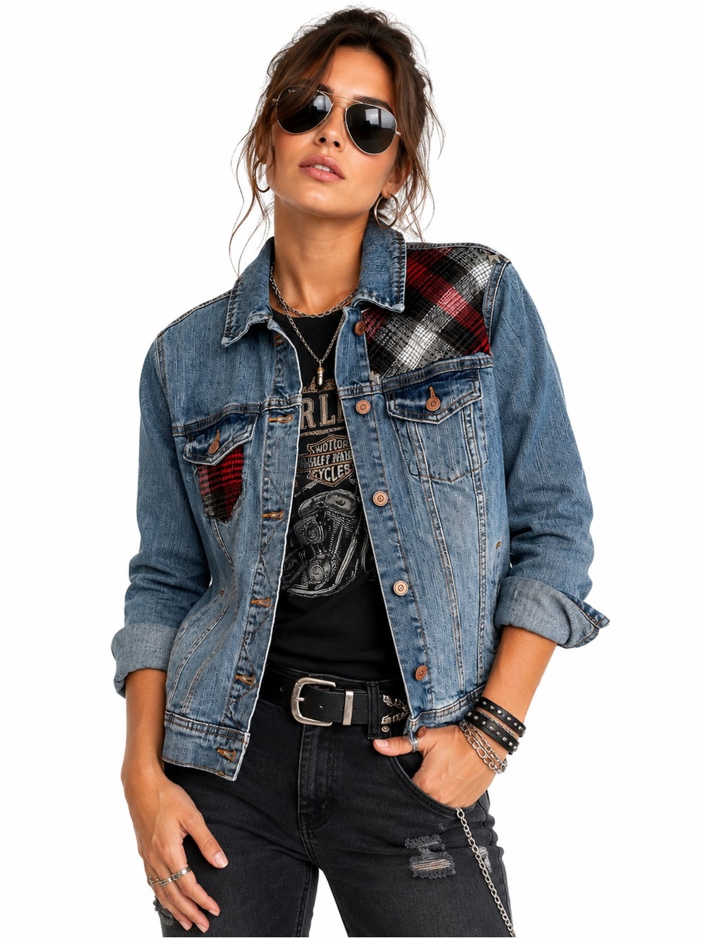 Old Navy M Plaid Patchwork Studded Denim Jean Jacket Punk Grunge trucker biker